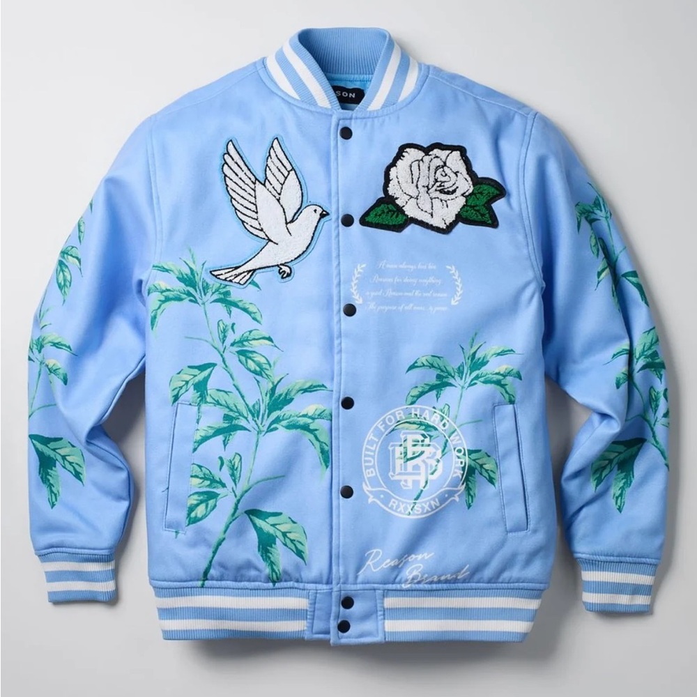 Reason Blue Varsity Bomber Jacket with Embroidered Design